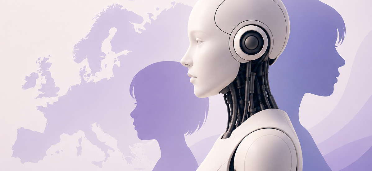 Image with a robot in profile and silhouettes of a woman, a child, and the European map